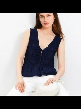 LOFT Navy Textured Sleeveless Tie-Front Peplum Top